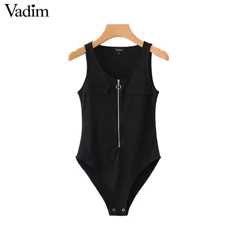 

Vadim women casual knitted slim bodysuits sleeveless stretchy zipper white black playsuits female fashion tops blusas KA637
