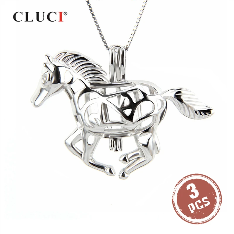 CLUCI 3 шт женский серебряный 925 кулон Скачущая Лошадь в форме 925 стерлингового серебра медальон из жемчуга клетка кулон