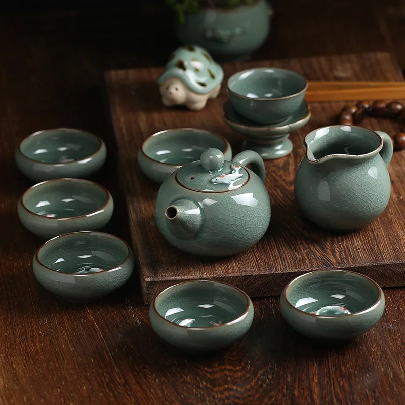 

WIZAMONY 9 pcs Gold Fish Top Grade Chinese Longquan Celadon Handcrafted Chinese Porcelain Kungfu Tea Set High Quality