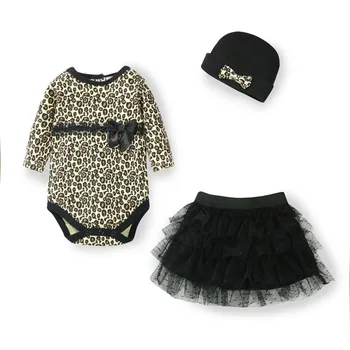 New Born Baby Girl Clothes leopard 3pcs Suit Rompers Tutu Skirt Dress Headband hat Fashion Kids