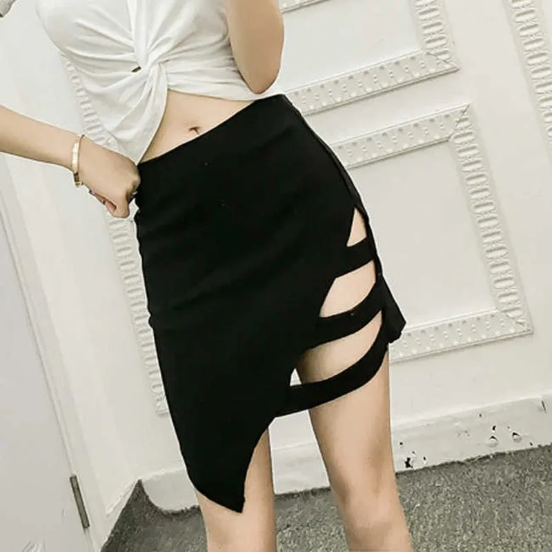

Women Punk Pencil Skirt Hollow Out Black A-lin Skirt Sexy Asymmetrical Skirts For Girls High Waist Mini School Skirt robe femme