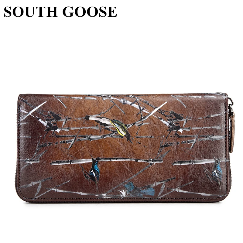 

SOUTH GOOSE Genuine Leather Women Wallet Retro Long Purse Birds Embossing Clutch Wallets Large Female Card Holders Phone Bag