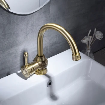 

Luxury Carved Gold-plating Basin Faucet Bathroom Single Holder Sink Taps Antique Brass Decorative Hot and Cold Mixer Tap S79-318