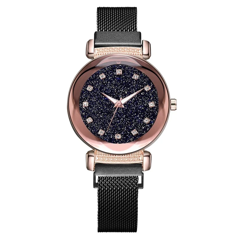 Роскошные часы для женщин модные с магнитным сетчатым ремешком звездное небо женские наручные часы со стразами Светящиеся женские кварцевые часы Reloj Mujer - Цвет: Черный