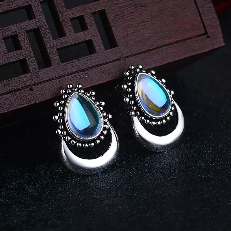 

Female Moon Earrings Retro Vintage Blue Moonstone Pear Water drop earrings for women silver fashion jewelry party earrings gifts