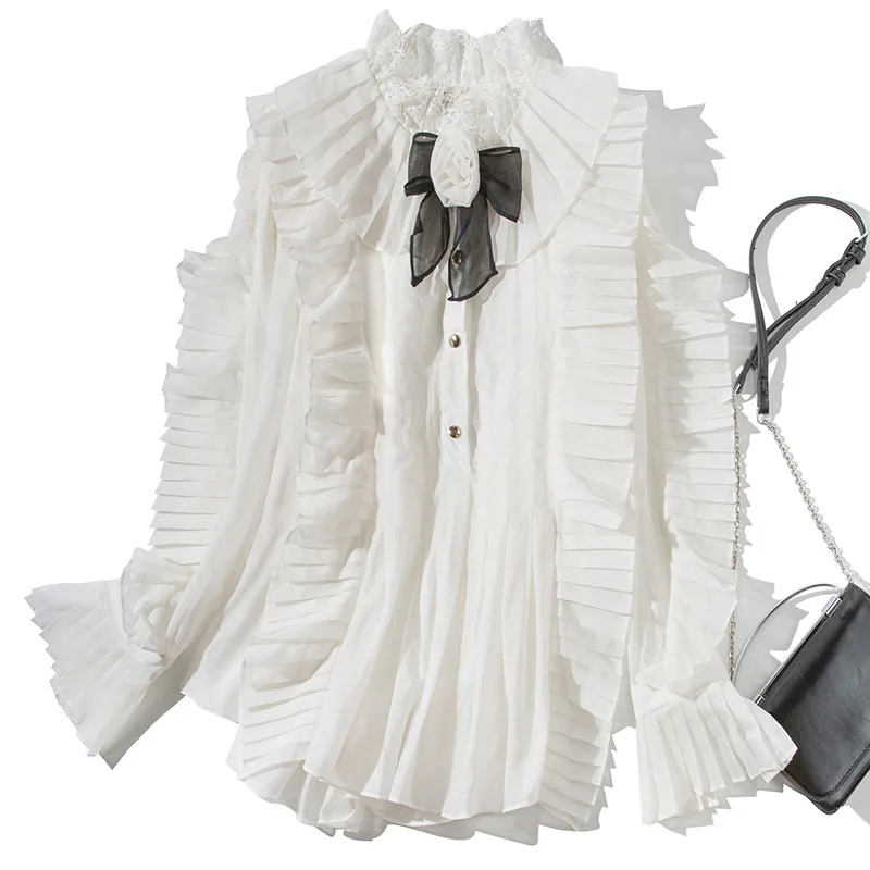 

Top Quality Designer Blouses 2019 Spring Summer Shirt Women Bow Tie Elegant Ruffle Shirt Ladies Black White Silk Cotton Blouse