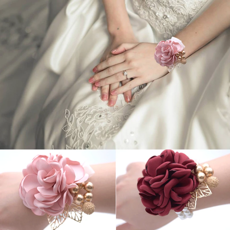 Новые искусственные розы свадебные принадлежности невесты на запястье цветок корсаж цветок Золото Бисероплетение 7C2334