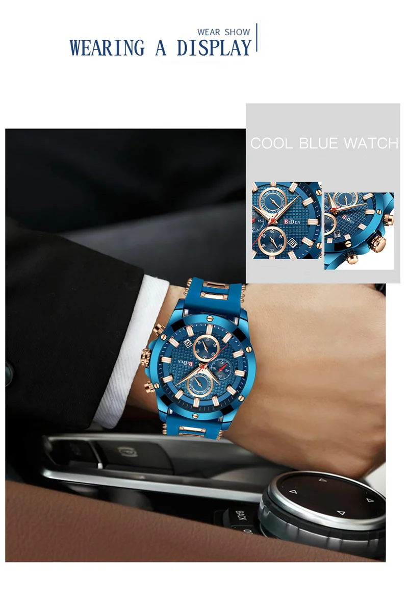 BIDEN, синие спортивные мужские кварцевые часы, Роскошный топ бренд, модный силиконовый ремешок, повседневные мужские наручные часы, 30 метров, водонепроницаемые, relojes