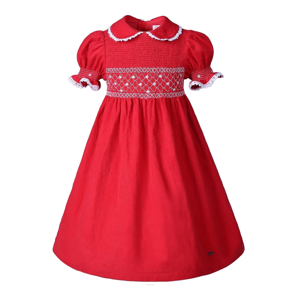 Pettigirl Red Short Sleeves Doll Collar Smocked Dresses For Toddlers