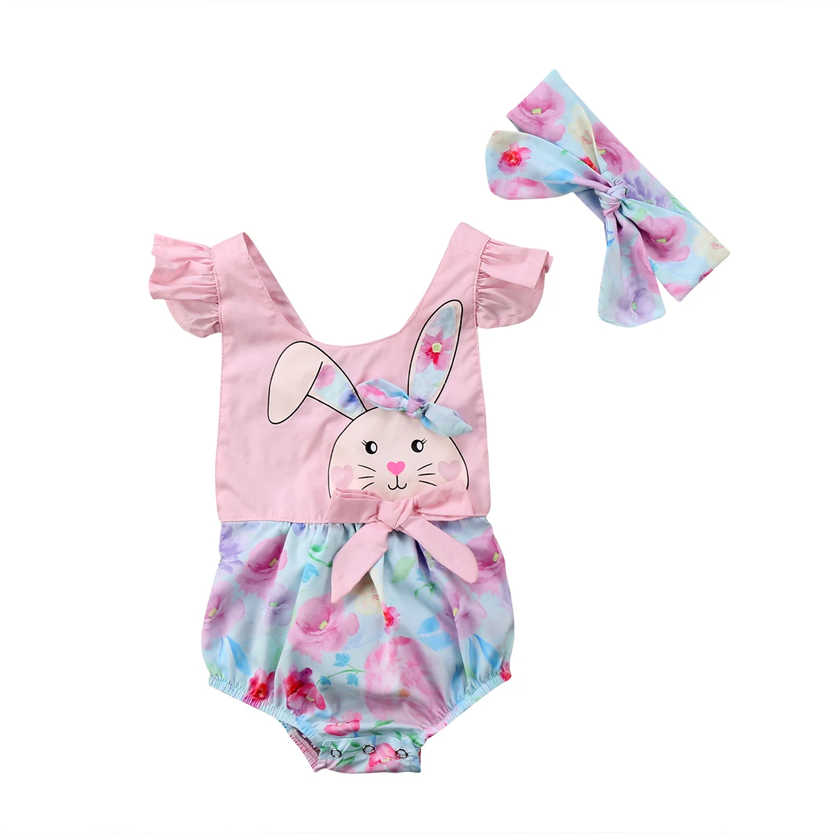Для новорожденных Обувь для девочек цветочный пасхального кролика Корректирующие боди для женщин короткий рукав милый розовый спинки Детские комбинезоны одежда Обувь для девочек 0-24 м - Цвет: Многоцветный