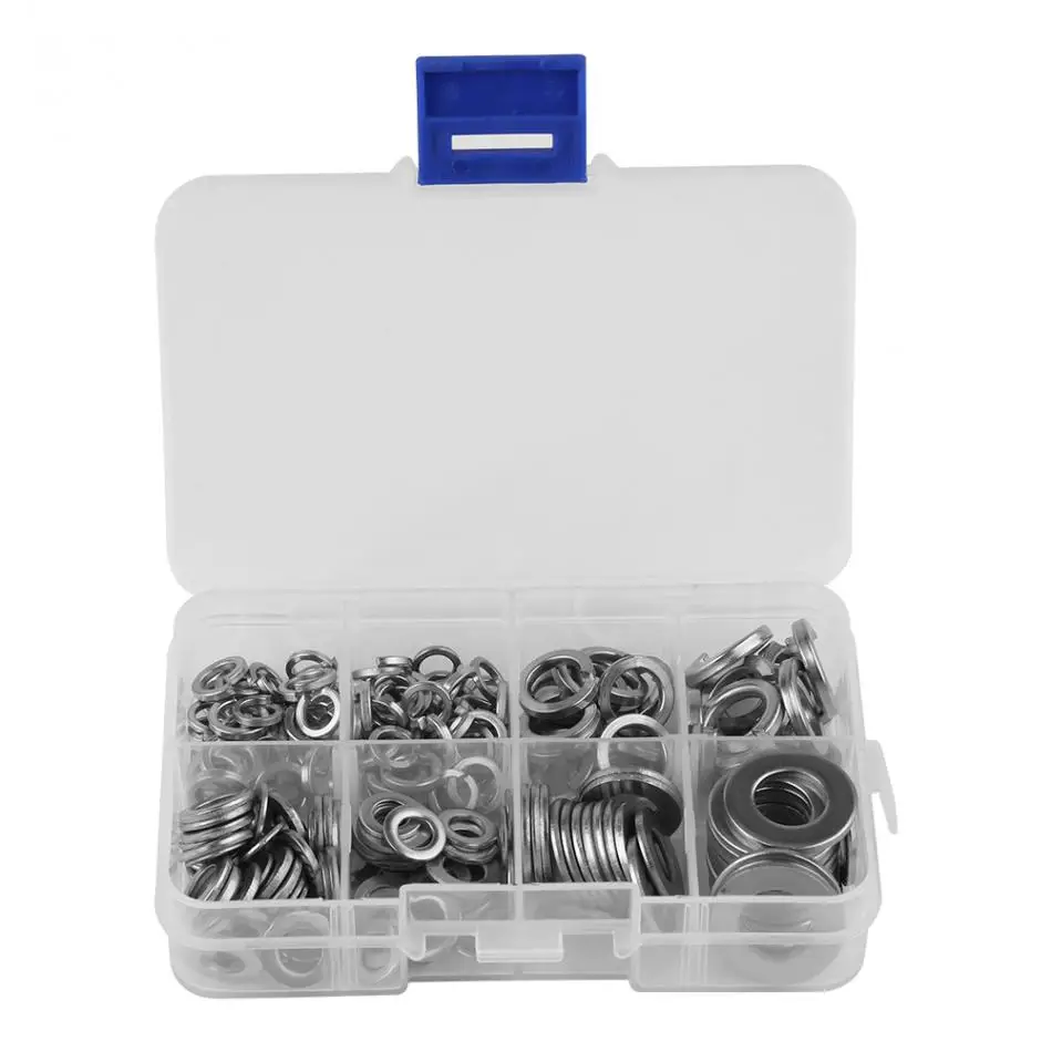 200Pcs/set Stainless Steel Flat & Spring Washer Assortment Kit Set Lock