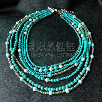 

N092603 18" 7 Strands Blue Stone White Pearl Crystal Necklace