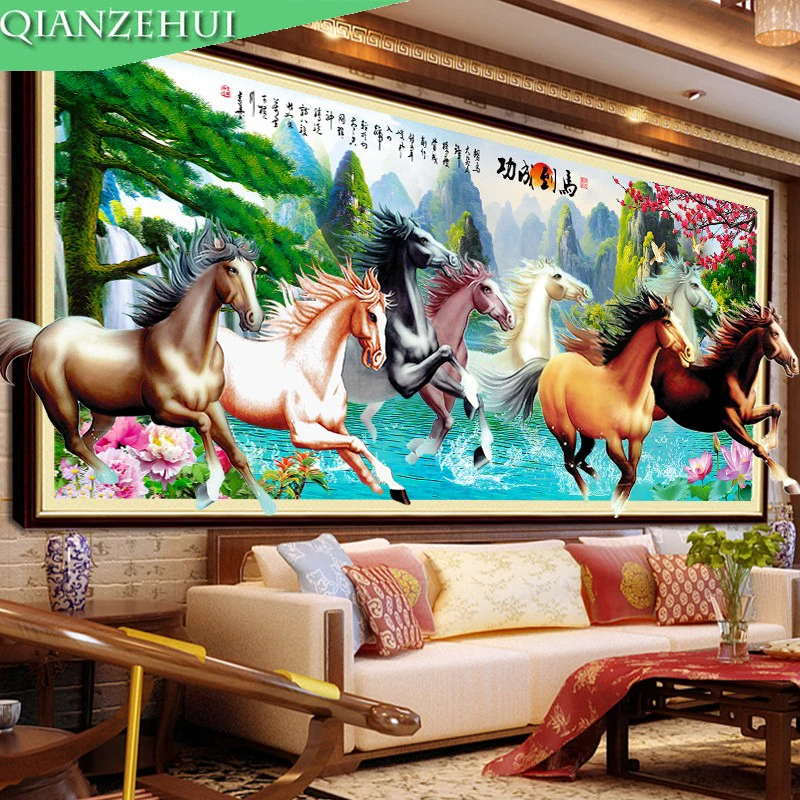 

QIANZEHUI,Needlework,DIY Eight Horses Landscape Cross stitch,Sets For Embroidery kits Welcoming pine rising sun Cross-Stitch