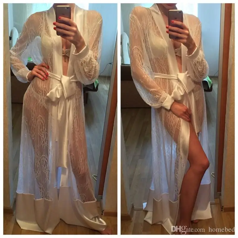 Женский сексуальный длинный шелковый халат кимоно Babydoll Макси платье Ночная рубашка кружевное белье Ночная рубашка - Цвет: Белый