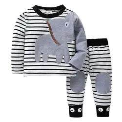 Puseky младенческой Одежда для малышей мальчиков и девочек слон вышивка в полоску длинные футболки с короткими рукавами штаны хлопок; Детская