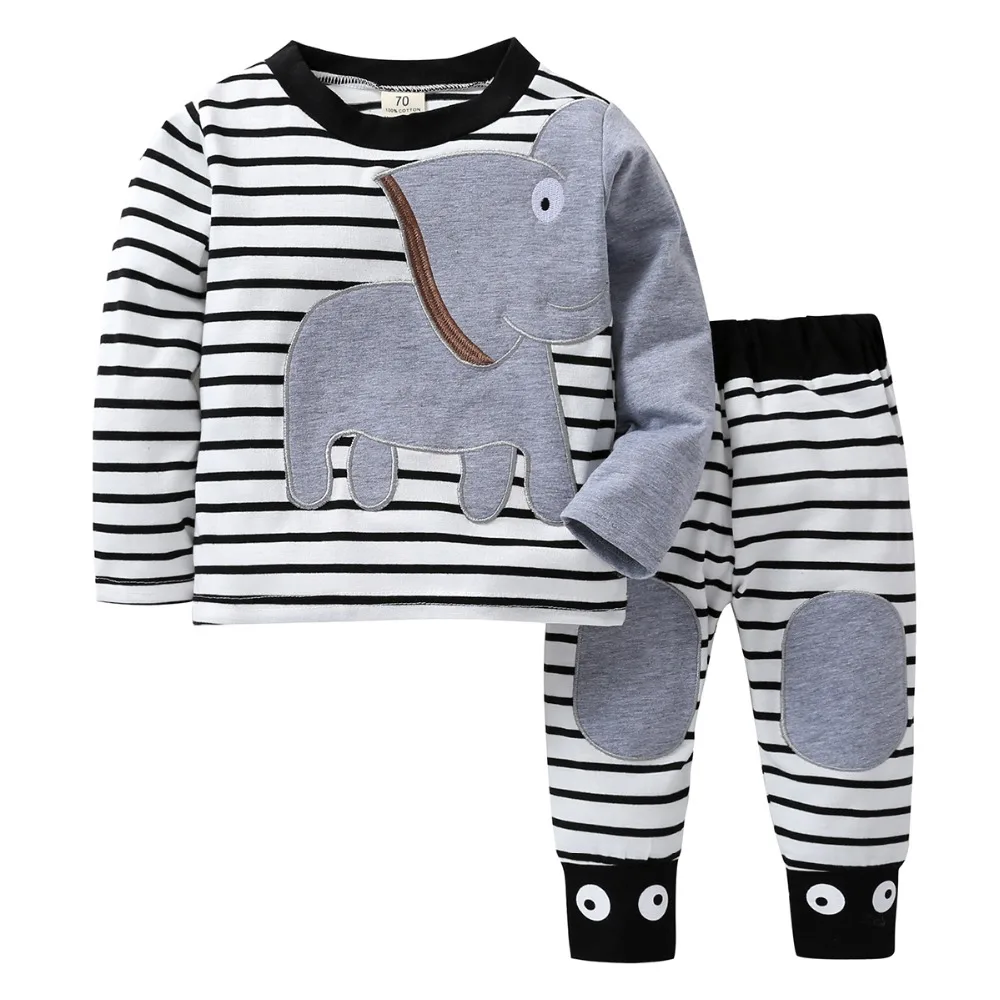 Puseky Infant Toddler Baby Girls Boys Elephant Embroidery Stripe Long