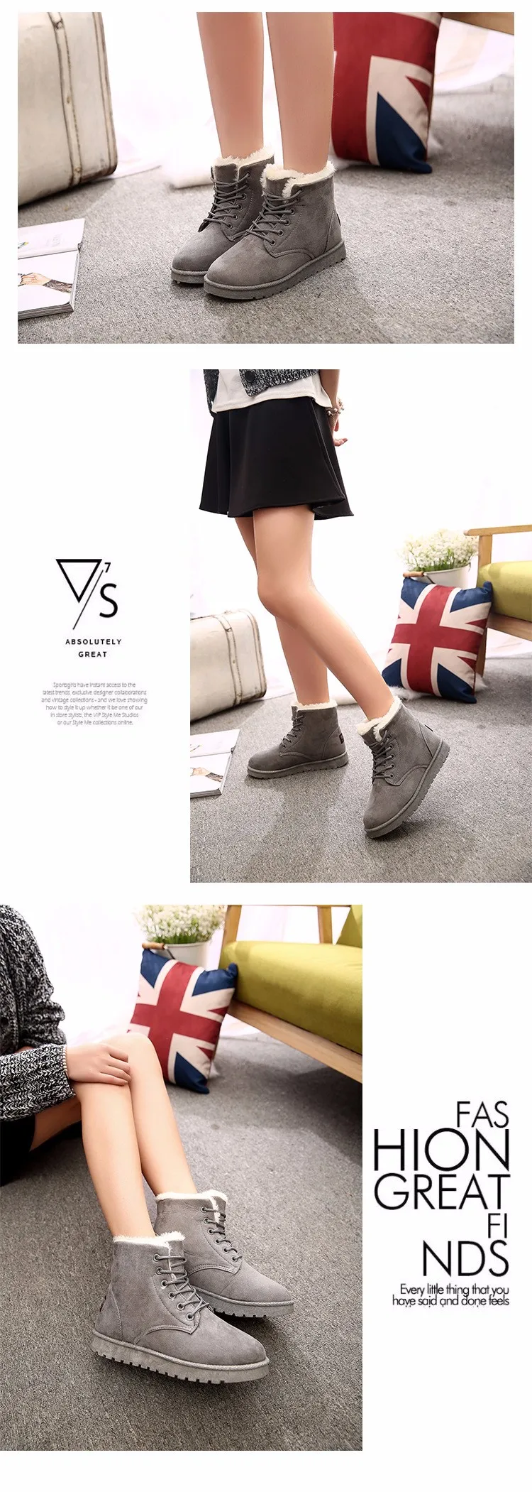 2016 Winter Woman Boots Lace-up Solid Flat Ankle Boots Casual Round Toe Woman Shoes Fashion Warm Plus Cotton Shoes ST903 (4)