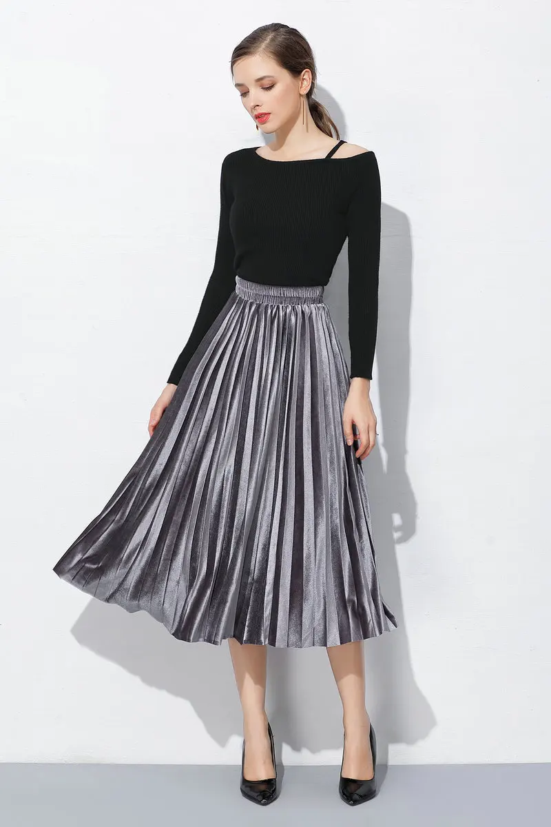 Solid Women Skirt Pleated Ladies Skirts Mid Calf High Waist Skirt-in ...