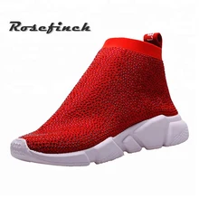 Для женщин Стразы ботинки кроссовки вязаный носок кроссовки Женская Мода кроссовки стрейч ботинки со стельками большие Размеры резиновая подошва WK104