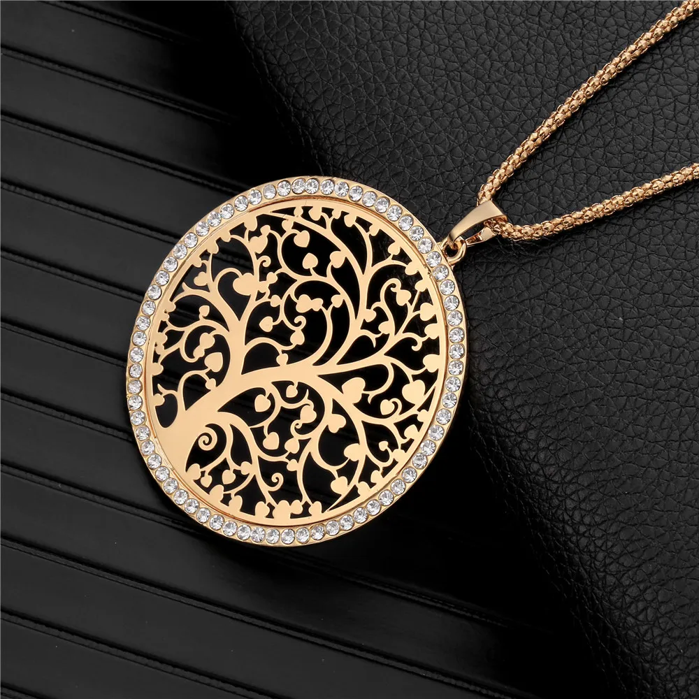 

Gold Tree of Life Round Big Pendant Necklace CZ Crystal Pendant Popcorn Chain Long Sweater Collier For Women Best dropshipping