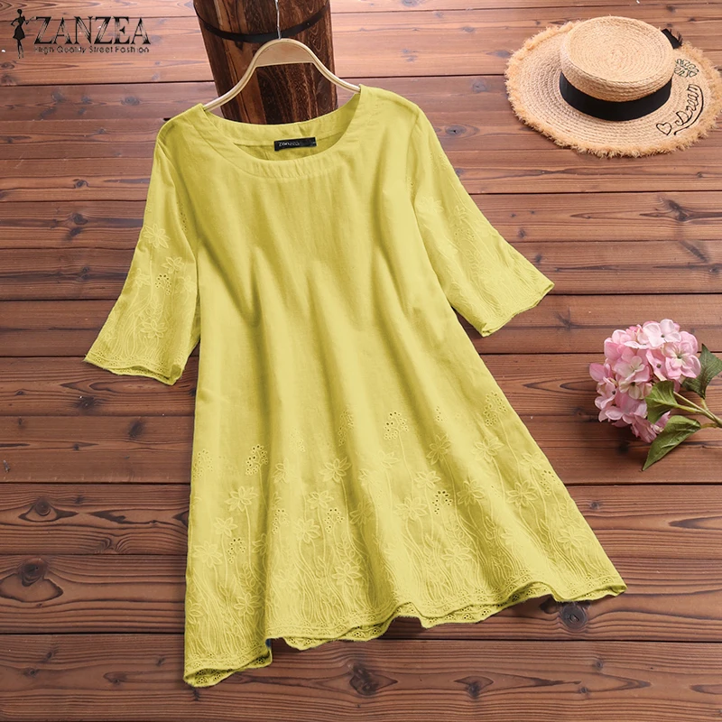 

2019 Plus Size ZANZEA Women Long Shirt Summer Vintage Embroidered Blouse Casual Solid 3/4 Sleeve Tunic Top Female Blusas Chemise