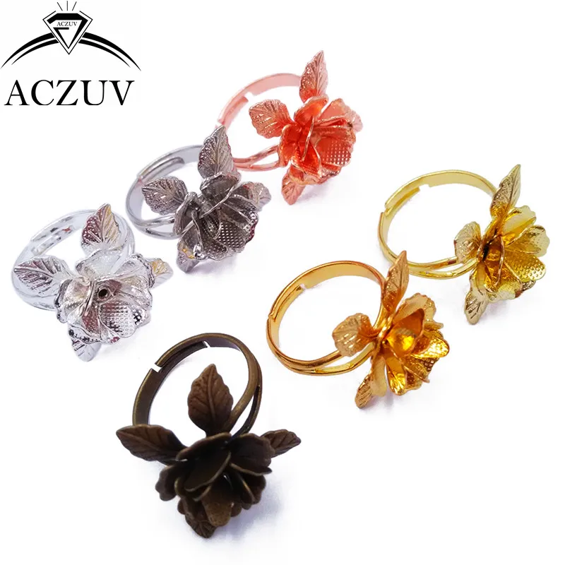 

100Pcs 6 Colors Copper Metal Stereo flowers Bezel Ring Base Adjustable Ring Blanks Findings JZT004
