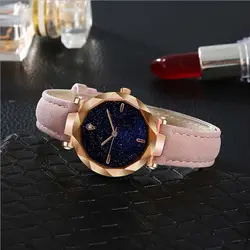 Модные Простые Женские часы стильные роскошные Звездные циферблат выпуклая зеркальная кожа ремешок женские часы кварцевые ручные часы Reloj