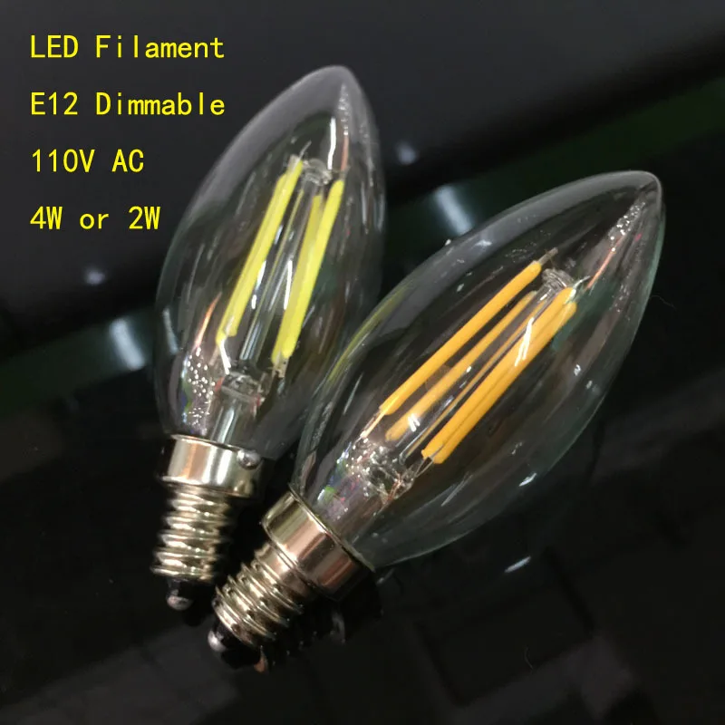 Новый дизайн 2W 4W E12 110V AC Dimmable C35 светодиодные лампы накаливания CRI 80 360 градусов 10