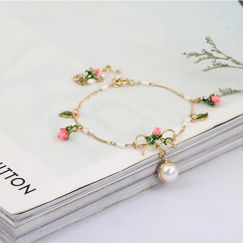 

New Love Of Symbol Series Rose Flower Bow Pearl Green Leaf Bracelet Woman Prevent allergy Jewelry Free Shipping