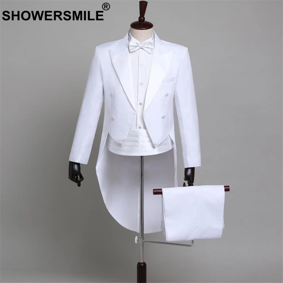 SHOWERSMILE, мужские костюмы, комплект из 4 предметов, смокинг для жениха, свадебные костюмы, белое пальто с хвостом ласточки, маги, костюмы для выступлений