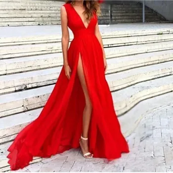 

Holievery Red Deep V Neck Chiffon Evening Dresses Sexy Long Split Prom Gown Zipper Formal Dress vestidos de fiesta de noche