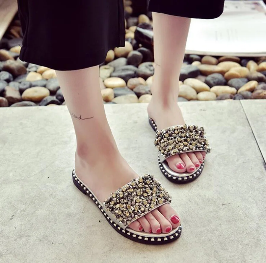 2018 Summer New Women's Slippers Handmade Bling Rivets Nice Look Soft and Comfortable Low-heeled Female | Обувь