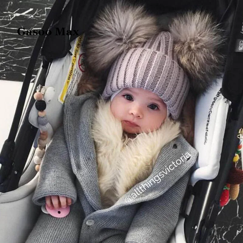 Neue Winter Warme Kinder Pompon Beanies Hüte für Mädchen und Jungen 12 Farben Mischung Wolle von Caps mit Echtpelz Pom Pom
