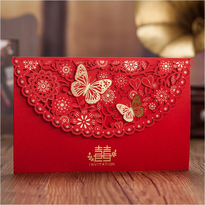 Chinese Xi Butterfly Flower Wedding Invitations Free Custom Printing+