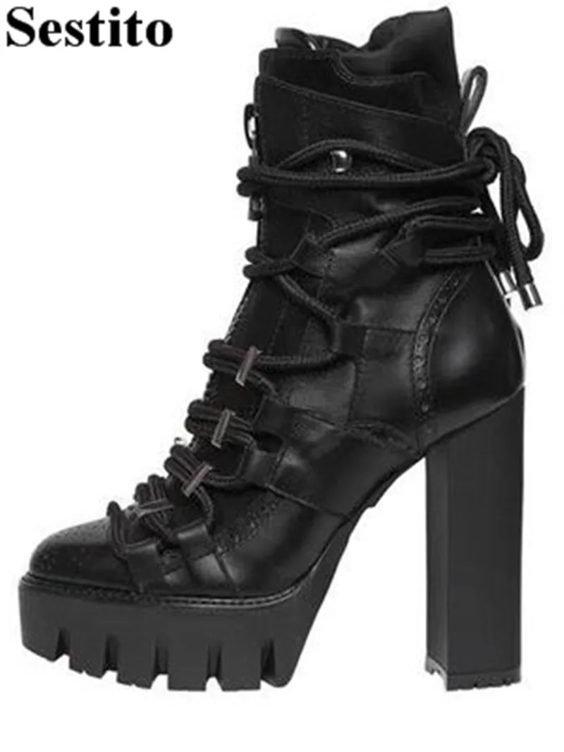 

Fashion Black Cross-tied Platform Woman Boots Round Toe Square Heel Ankle Boots For Women Lace-up Short Boots Casual Women Shoes