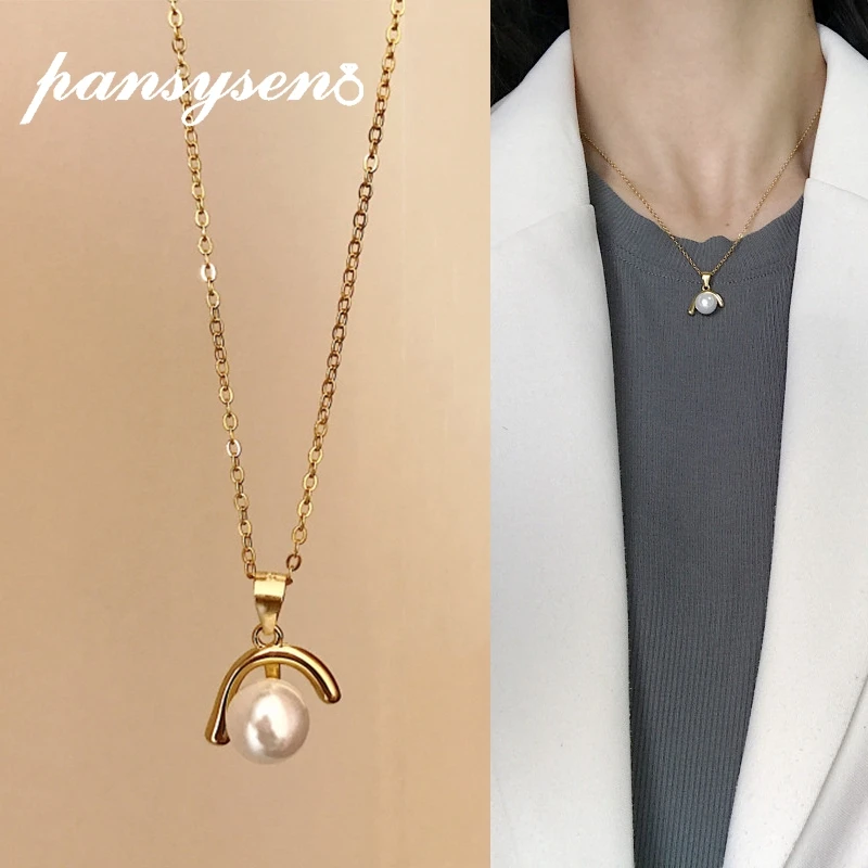 PANSYSEN амулеты Серебро 925 оригинальные ювелирные изделия пресноводный жемчуг ожерелье для женщин золотой цвет корейский стиль подвеска ожерелье подарок