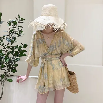 

2019 Women Floral Print Two Piece Set Beach Casual Vacation Chiffon Club Suits Lace Up 2Pcs Matching Set