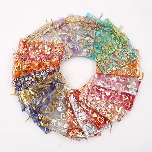 

Wedding Christmas Gift Bag Jewelry Packaging Bags Pouches Drawable Heart Flower Small Organza Bags Favor 100pcs/lot