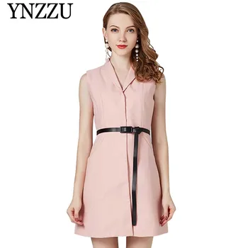 

Brand 2019 Spring Elegant Sleeveless Blazer Dress Women Wool Pink Sashes OL Work Dresses Female Slim Short Dress AO851