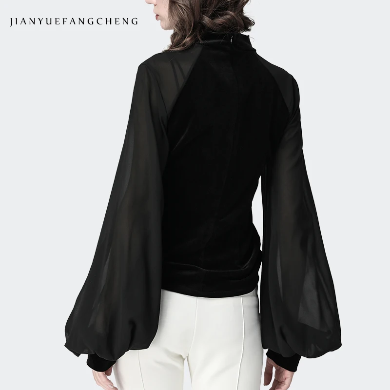 Модная весенне-осенняя черная бархатная блузка с длинным рукавом-фонариком и круглым вырезом, большие размеры, женская верхняя элегантная рабочая одежда, шифоновые блузки