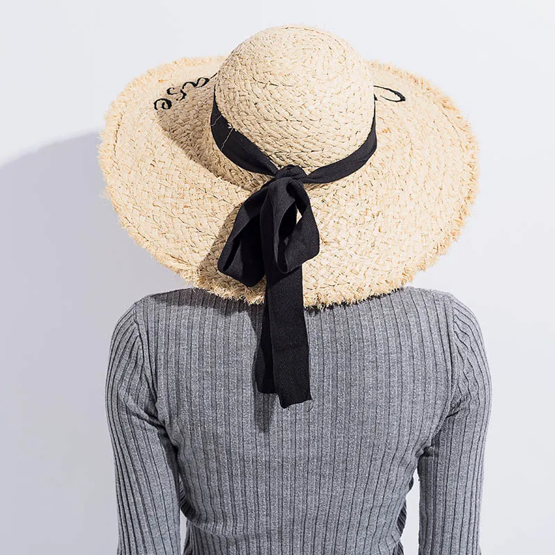 Шляпы от солнца для девочек, летняя Соломенная шляпка с буквенным принтом, шляпа с черной кружевной лентой, женская панама, летняя женская пляжная шляпа с большими полями