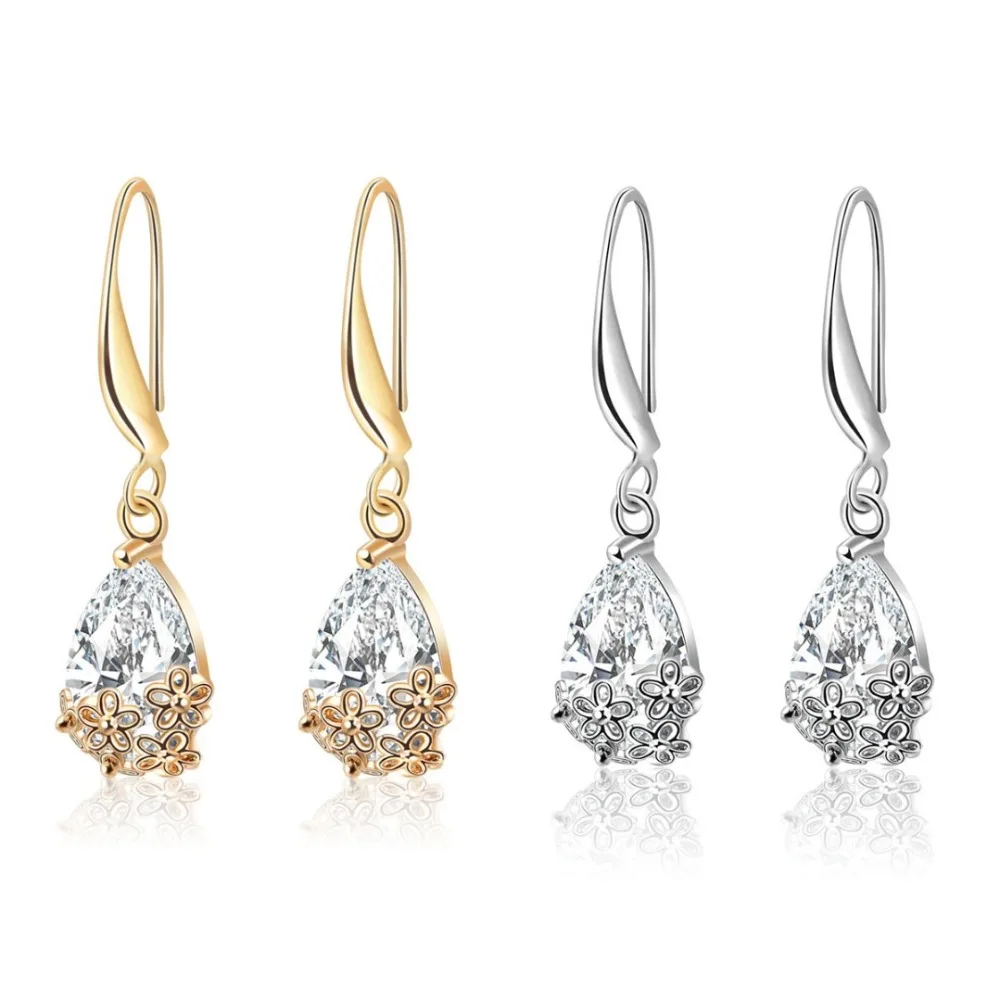 Luxury CZ Clear Crystal Dangle Earrings Gold Color Hollow Flower
