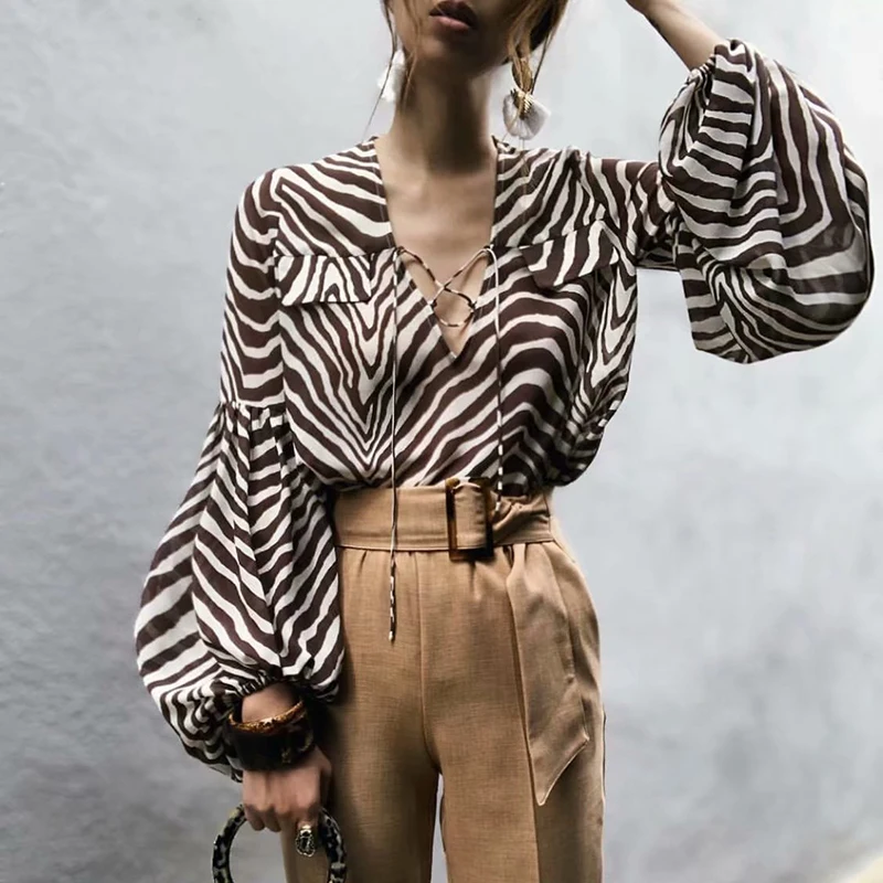 

Women blouse shirt Zebra stripe print summer blouse Bell long sleeve female top shirt Elegant lace up ladies blouse