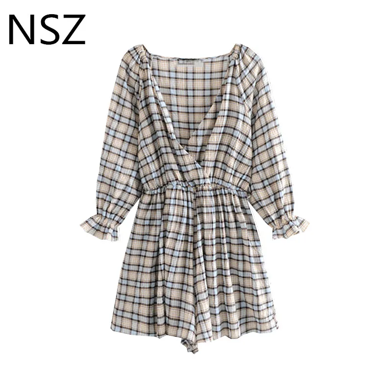 

NSZ Women Cotton Plaid Playsuits Cross V Neck Checked Loose Casual Rompers Summer Overalls