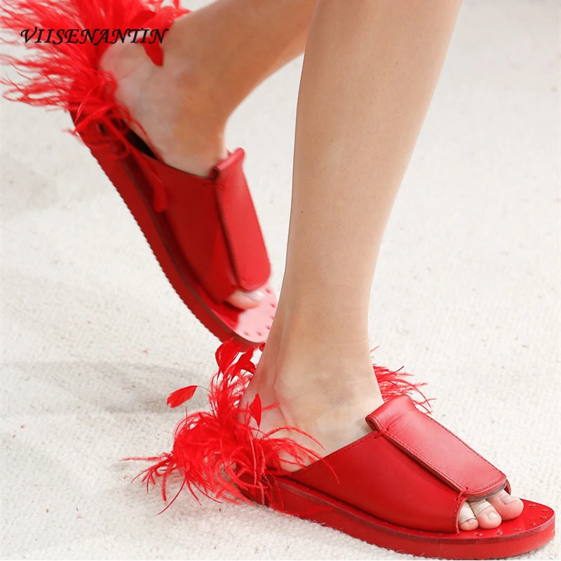 

VIISENANTIN 2019 genuine leather female Hot Runway Cou-outs Women Sandals Fur Feather Flats Fashion Sapatos Fringe Woman Slides