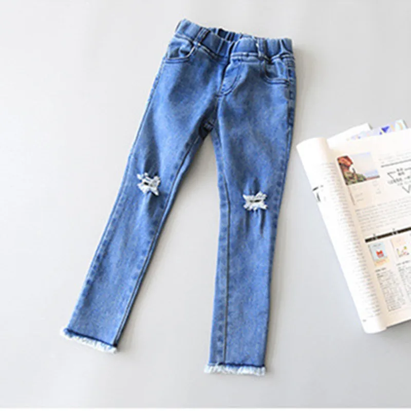 DFXD Children Broken Hole Pants 2018 New Spring Soild Long Skinny Denim Blue Jeans Baby Girls Cotton Ripped Jeans 2-7Years