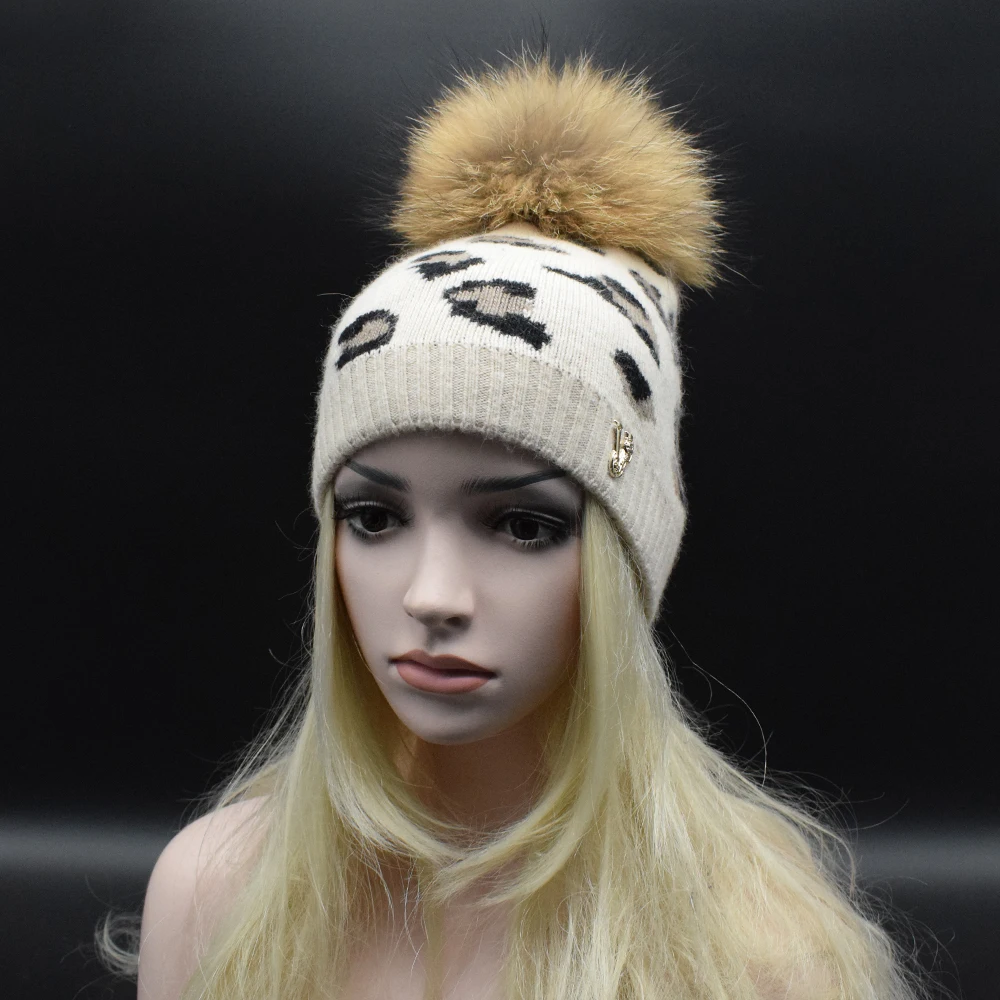 22CM Super big Natural Raccoon Fur Pom Pom Hat High quality thick wool bonnet Fashion leopard
