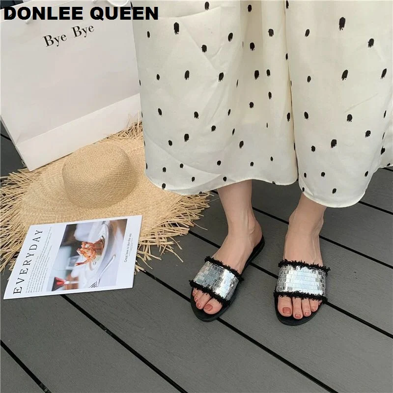 DONLEE QUEEN/женские шлепанцы блестящие тканевые с блестками женская повседневная