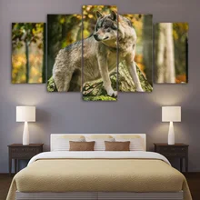 5 Peças Lobo de Madeira Da Floresta Paisagem Pictures Animal Posters Arte Da Parede Da Lona Pinturas de Quadros Para Sala de estar Decoração de Casa