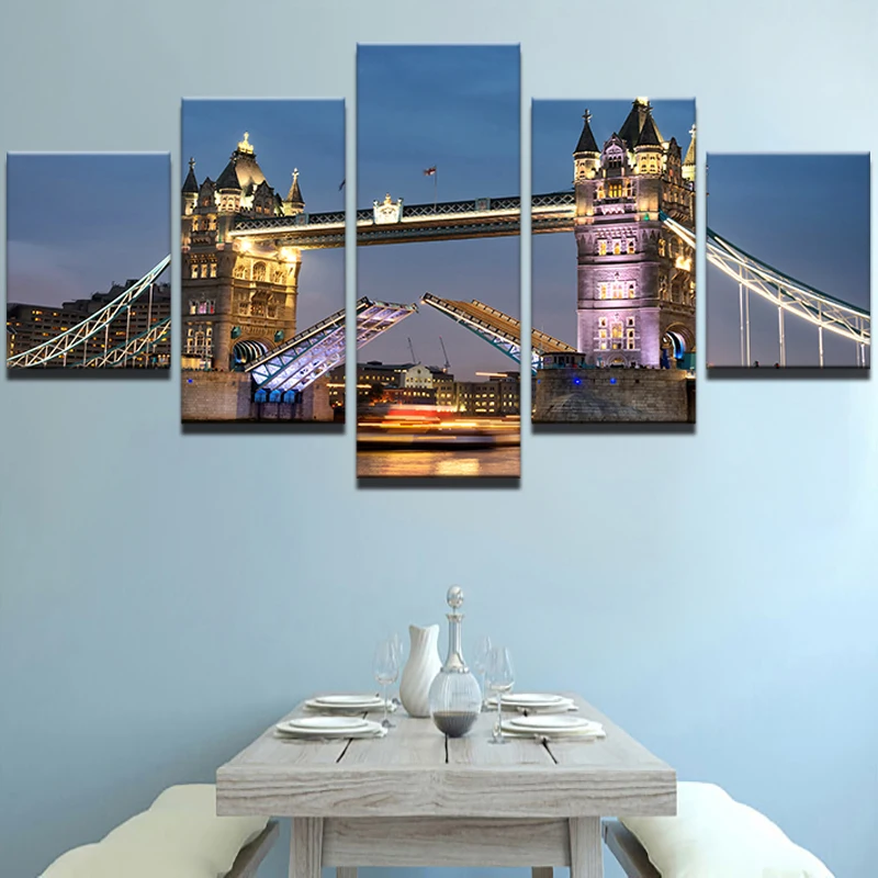 Painting Modern Room Decor Pictures Wall Art Canvas Oil 5 Panel London Tower Bridge Night Landscape Home | Дом и сад